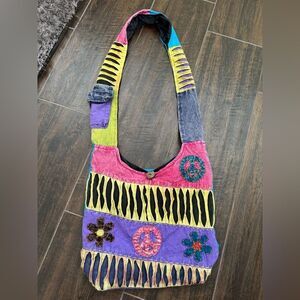 🌸 Boho Patchwork Peace Sign Sling Bag – Festival Hippie Hobo Crossbody